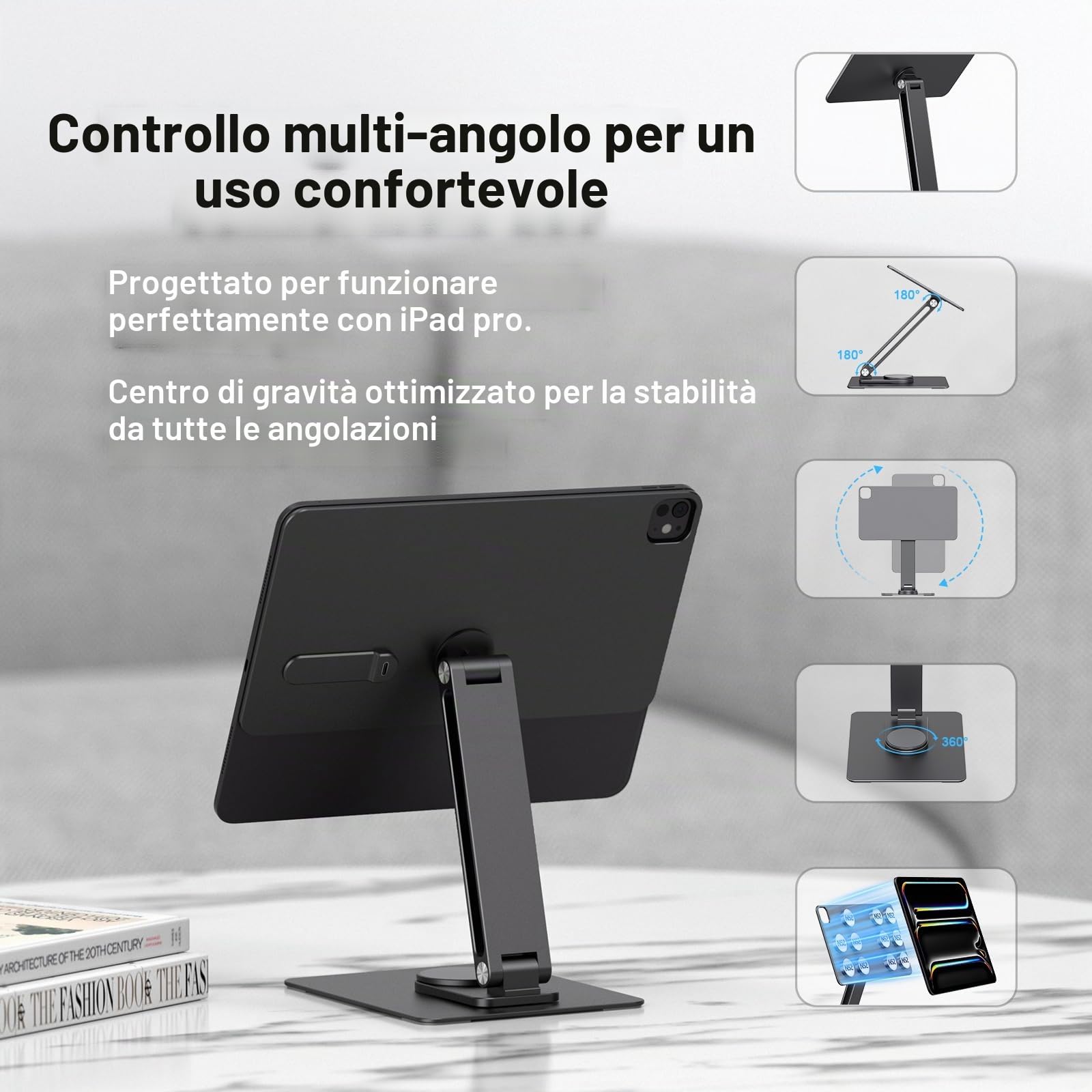 Supporto magnetico per iPad con carica senza fili 18W, 360 portacarte rotante in alluminio per iPad Pro M5/M4, serie regolabile di montaggio da tavolo (M5/M4-11inch)