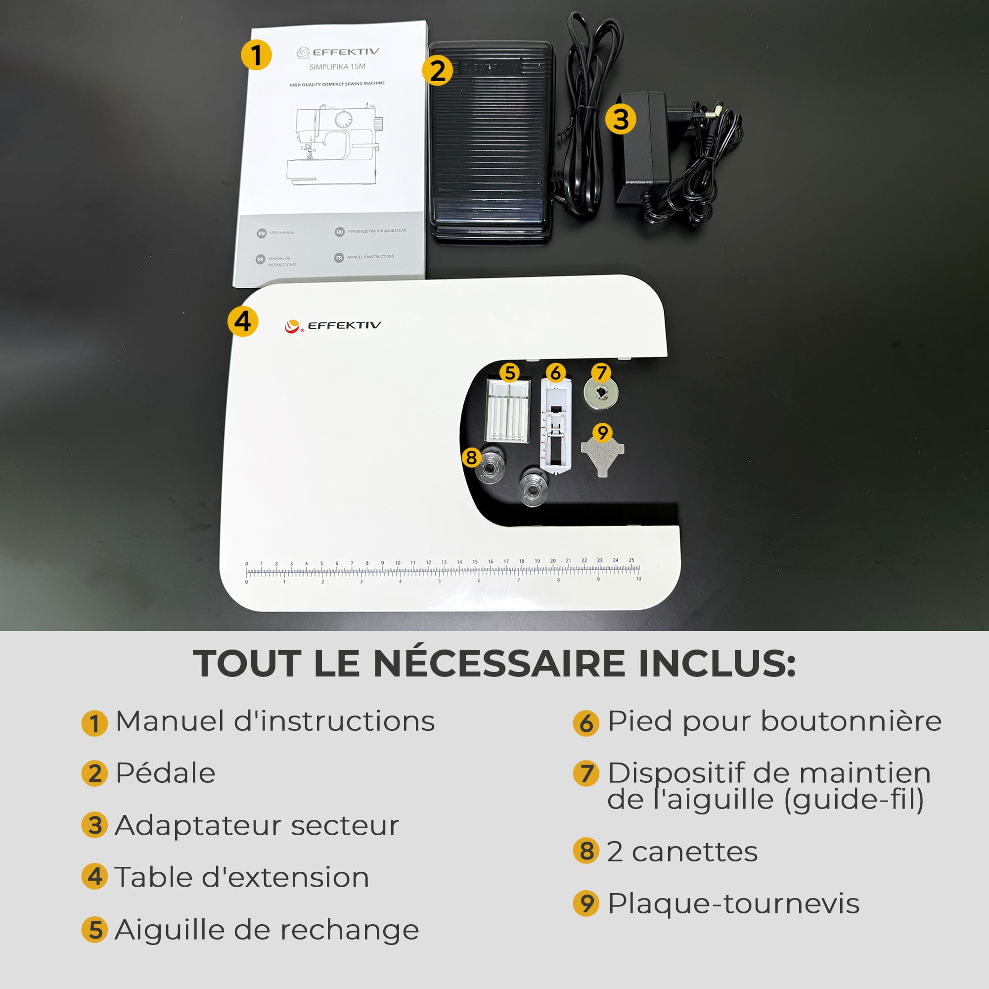 EFFEKTIV Machine à coudre électrique 15 points avec navette horizontale, facile à utiliser pour les débutants, pour la couture domestique, pour tissus épais et fins, table extensible compacte