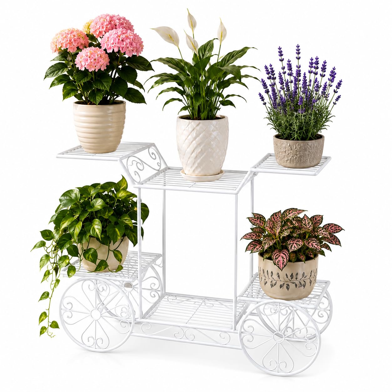 Navora Home Iron 6-Tier Plant Stand – Multi-Level Flower Pot Holder with Decorative Wheels – Ideal for Balcony, Garden & Living Room Decor – white-image-7