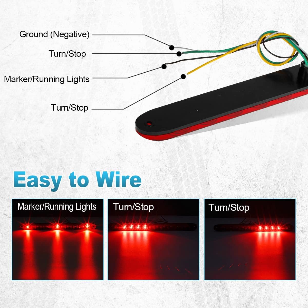 Partsam 15" Red Hi Mount Center ID Bar 11 LED Stop Turn Tail Light Trailer Truck 4 Wires