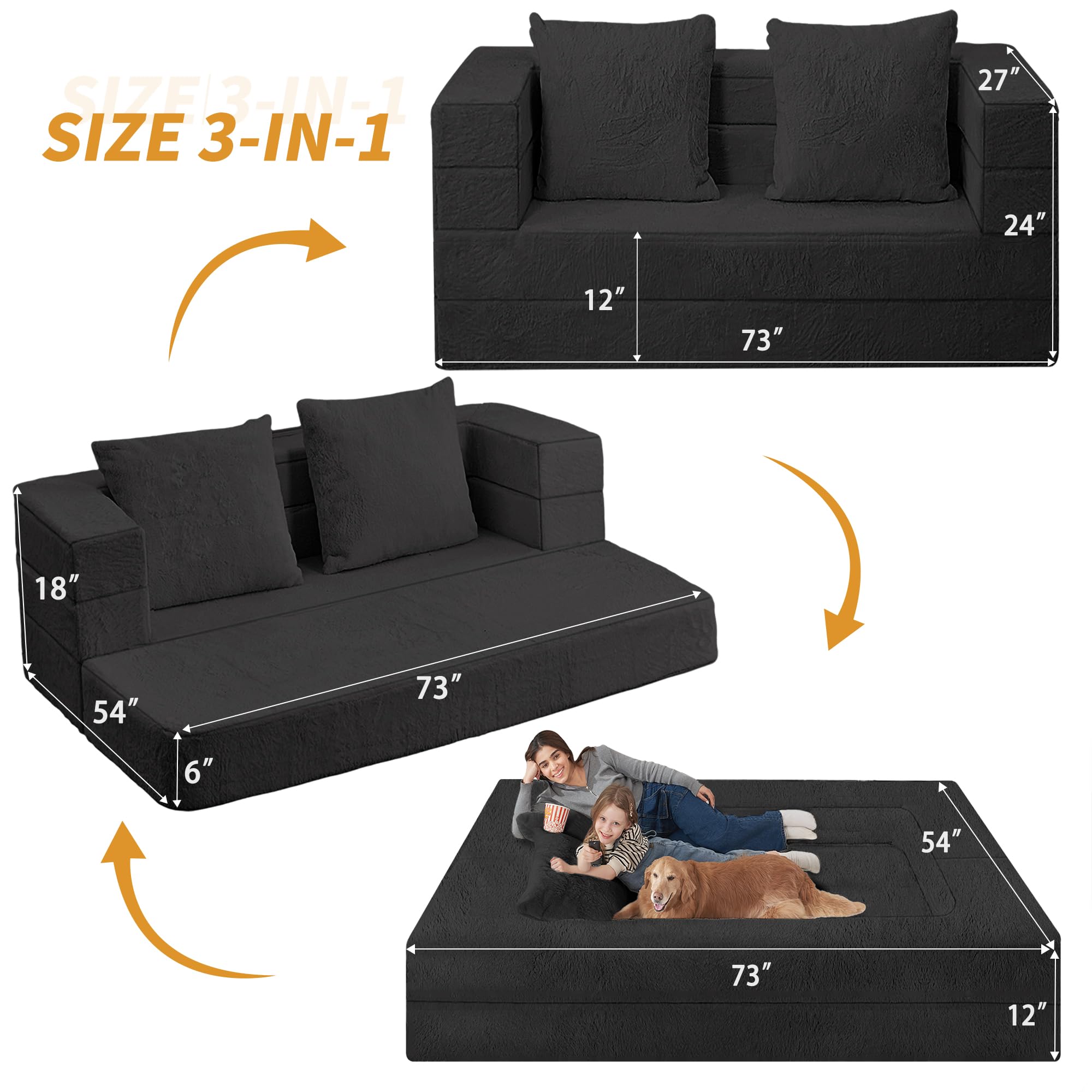 Futon Sofa Bed with Pillow, 3-in-1 Sleeper Sofa Bed with Removable Cover | Convertible Floor Sofa Bed with Memory Foam Filled, No Assembly Boneless Couch for Living Room, Bedroom（Black King）