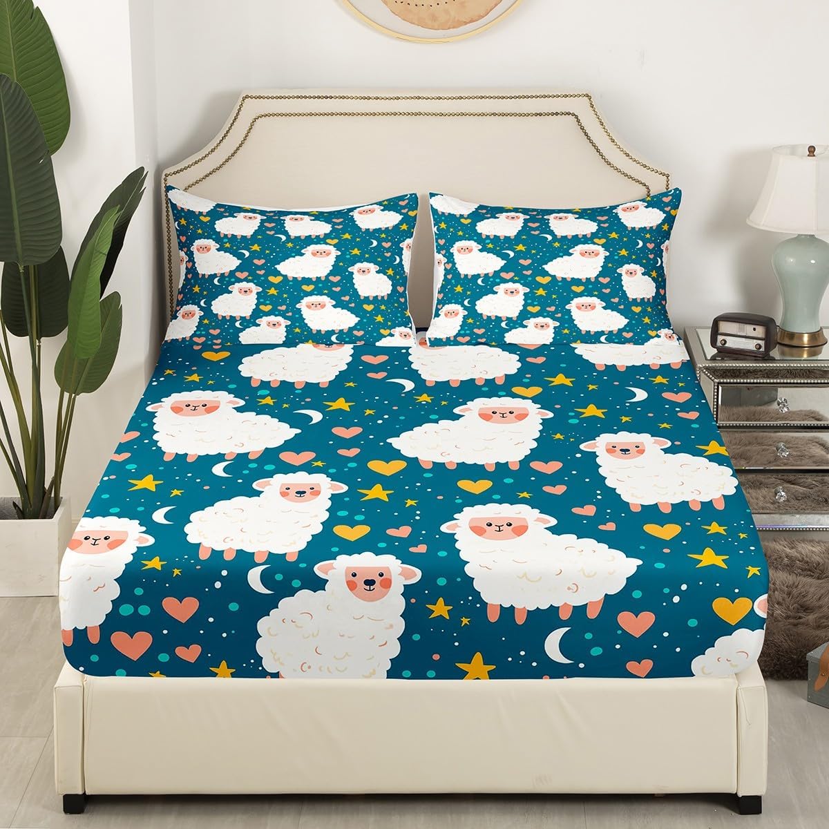 Kawaii Sheep Bed Sheet Set for Kids Boys Adults,Cute Sheep Rustic Farmhouse Animals Deep Pocket Fitted Sheet Full,Cartoon Starry Sky Watercolor Hearts Stars Pattern Soft Microfiber Sheet Set