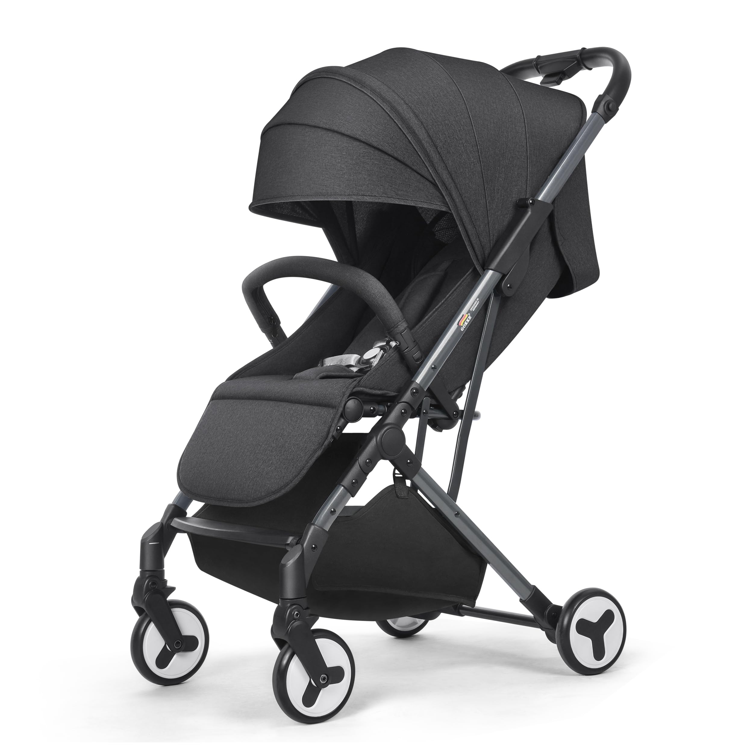 Gokke Compact Baby Stoller with Canopy - Aluminum Frame, Stroller for Travelling, Reclining, 5 Point Safety Harness, StorBasket, Shoulder Strap - 0-36 Months, Holds upto 22kg, Black (B09BL)