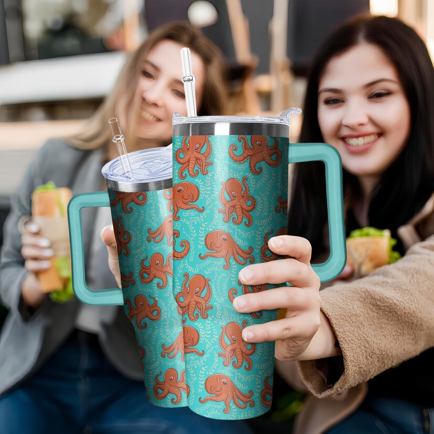 40oz Cute Octopus Tumbler with Handle and Straw, Animal Lovers Gifts for Women Men, Sea Ocean Stainless Steel Travel Mug Water Bottle, Vacuum Insulated Cup with Lid - Image 7