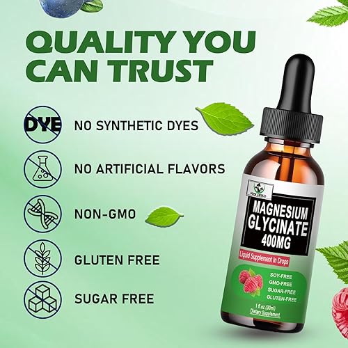 Miniatura 5 de Gotas líquidas de glicinato de magnesio, glicinato de magnesio puro de 400 mg para hueso, 6 veces suplemento de magnesio líquido de alta absorción,