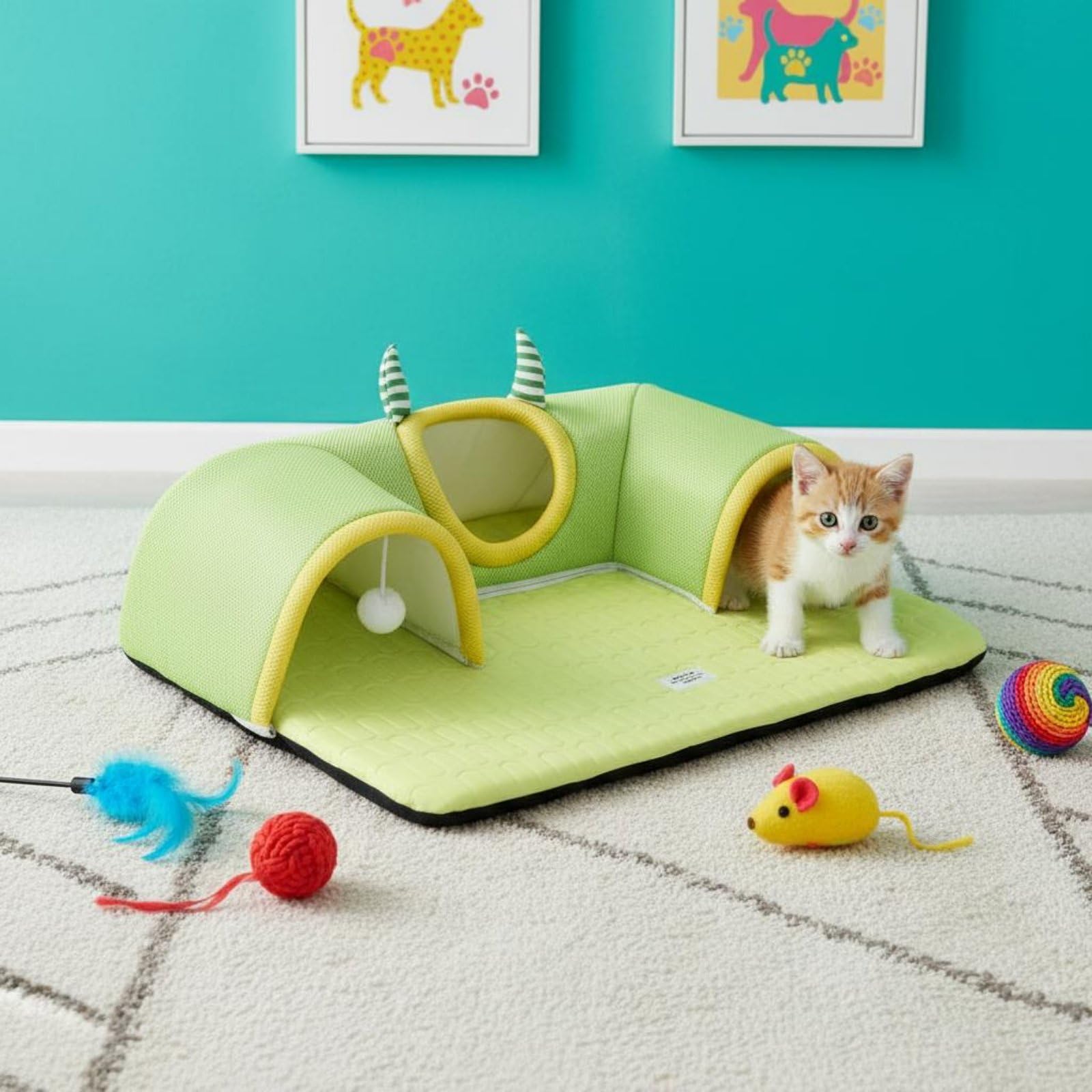 Lit Tunnel pour Chat Lit Tapis Panier Tunnel Monstre 3 en 1 Matelas Respirant Maille Éponge Jouets Suspendus Ouverture Large Base Antidérapante, Bleu, Grands Yeux