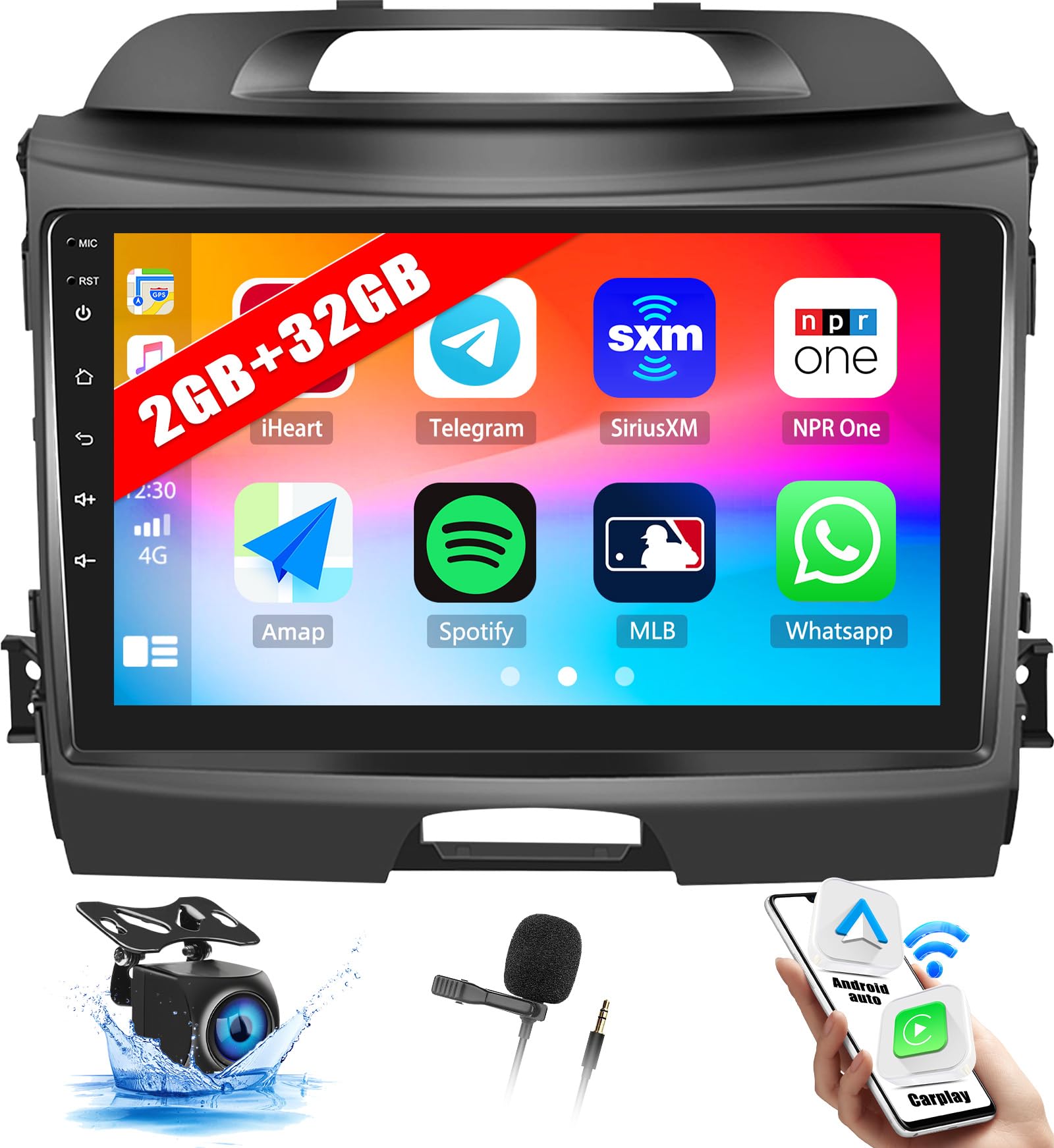 2G+32G Android 13 Car Stereo for Kia Sportage 2010-2015 with Wireless Carplay Android Auto 9" Touch Screen Car Radio with Bluetooth GPS WiFi FM RDS Reverse Camera Head Unit Support Mirror Link
