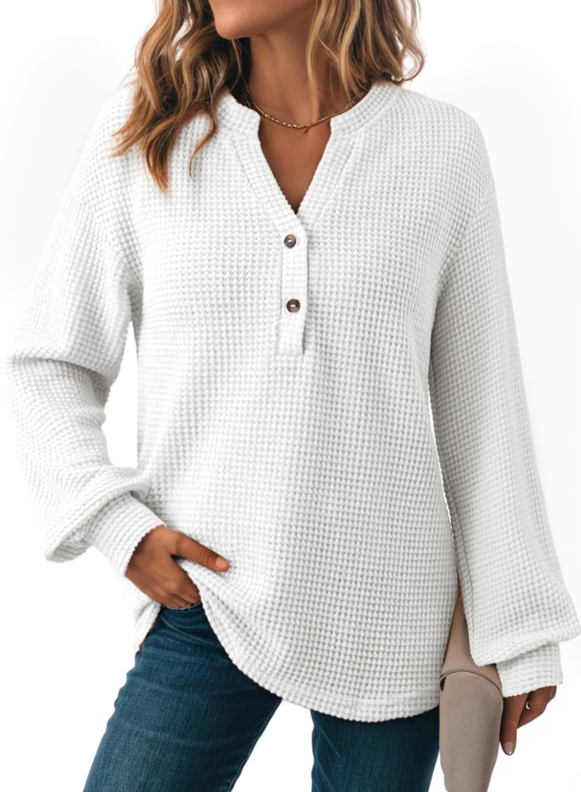 Dokotoo Bluse Damen Langarm Waffel V-Ausschnitt Oberteile Herbst Pullover Sweatshirt Langarmshirt Tops Lässig Blusen Tuniken Einfarbig T-Shirts Oberteil S-XXL