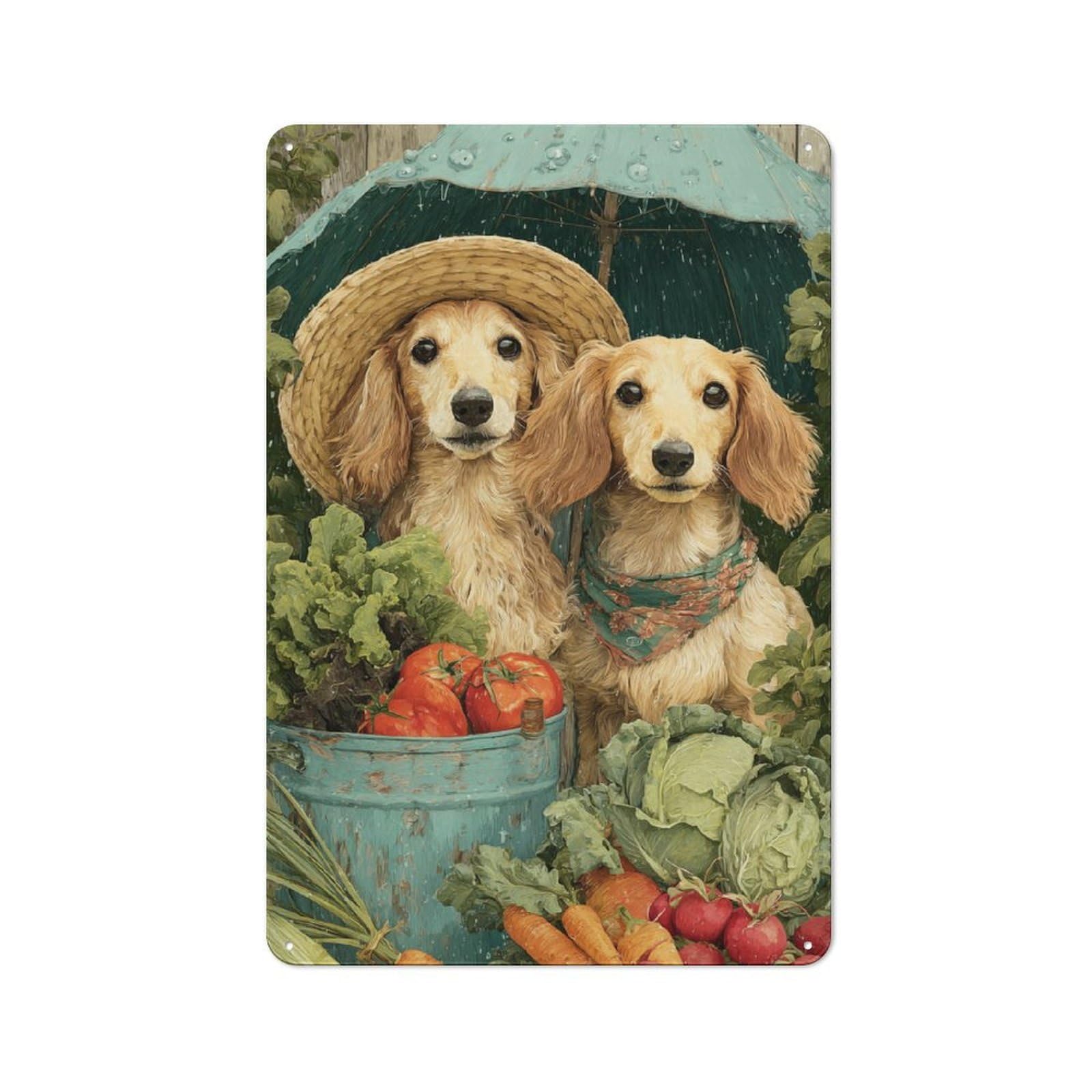 Junmoney Dogs In The Rain With Vegetables Tin Wall Plaque 30X20cm With For Living Room Wall, Gift For Feature Wall Decorators During The Christmas Season