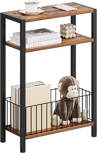 Miniatura 13 de Mesa auxiliar estrecha con estación de carga, mesa auxiliar pequeña para espacios pequeños, mesita de noche delgada con cesta de almacenamiento,