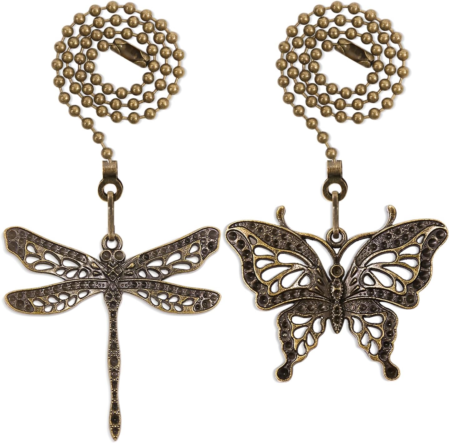 2Pack Dragonfly and Butterfly Ceiling Fan Pull Chain, 14inch 3mm Beaded Light Core Extender Pendant Ornaments Extension Decoration with Connector, Bronze