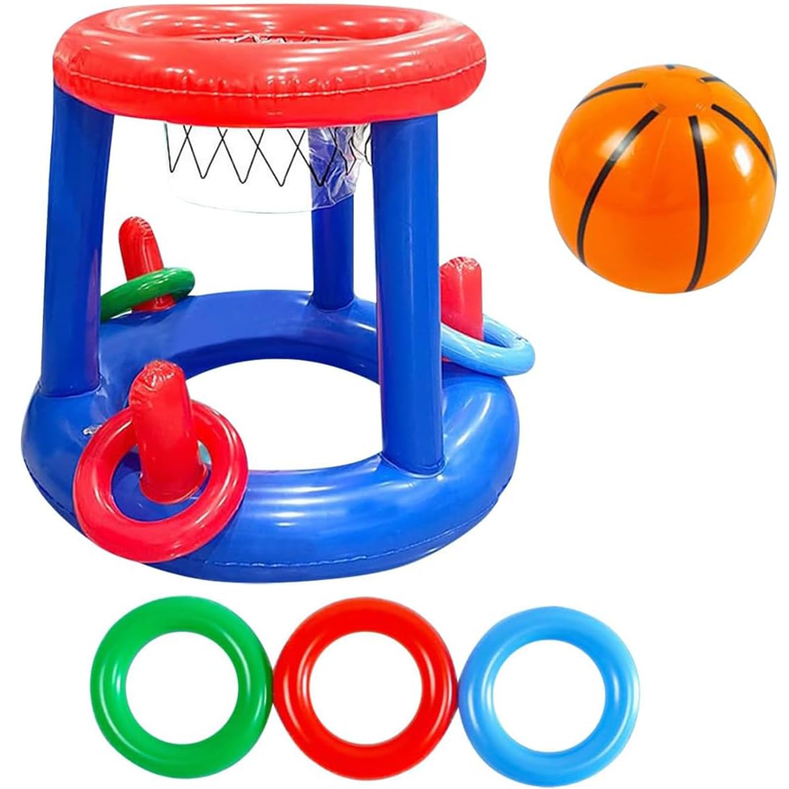 Bodeshis Inflatable Pool Games, Floating Basketball Hoop with 3 Rings and Ball, PVC Pool Volleyball Set for Water Sports, Summer Party Activities