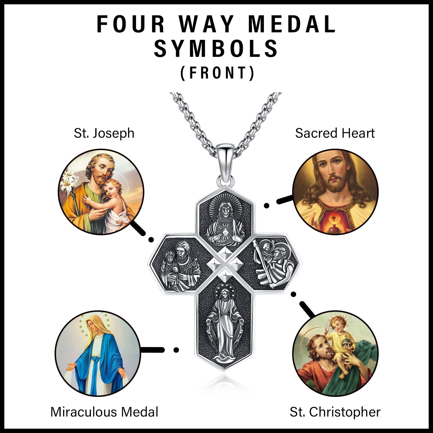 Sterling Silver Four Way Cross Medal Pendant Necklace - Sacred Heart, St Christopher, St Joseph, the Miraculous Medal - Protection Necklace Religious Jewelry Gift with 22" chain, Sterling Silver, n a - Image 5