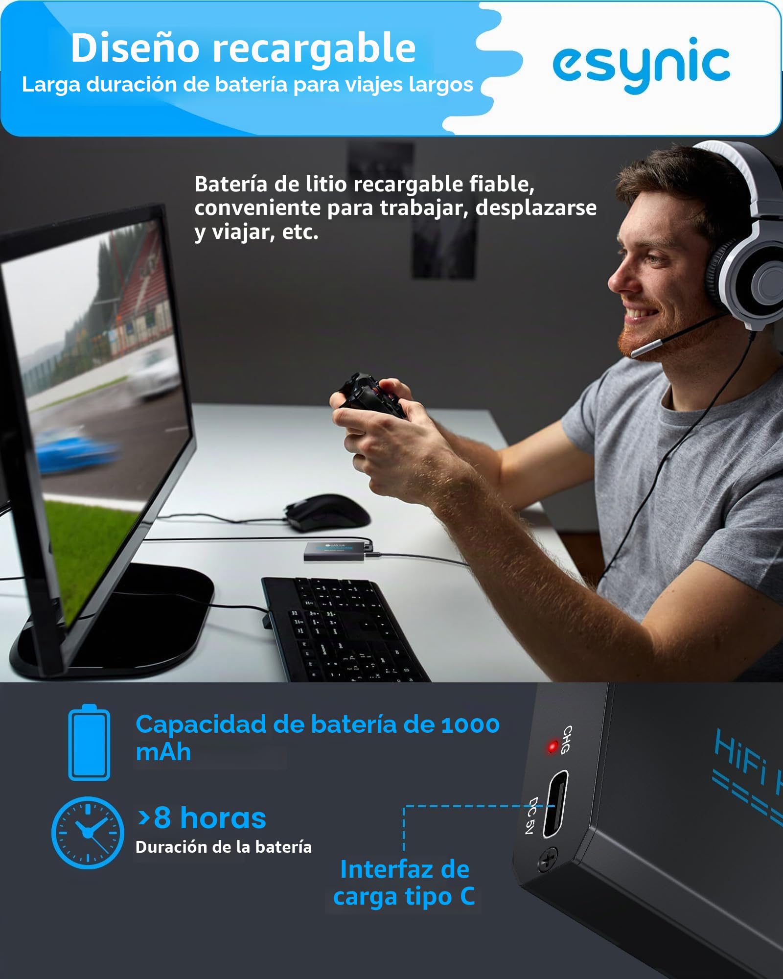 eSynic Amplificador de Auriculares Portátil HiFi 3.5mm Audio Jack con Interruptor de Ganancia de Dos Etapas Cable USB y Cascara de Aluminio para Teléfonos MP3 MP4 Reproductores Digitales y Ordenadores