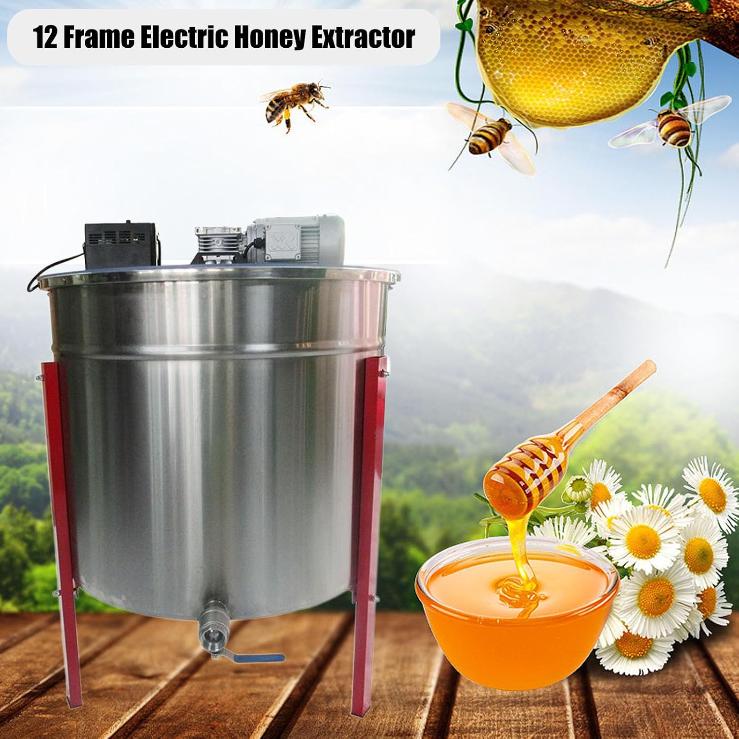 Electric Honey Extractor, 12 Frame 304 Stainless Steel Honey Centrifuge Extractor, with Transparent Lid and Stainless Steel Bracket, for Apiaries and Family Use,12 Frame