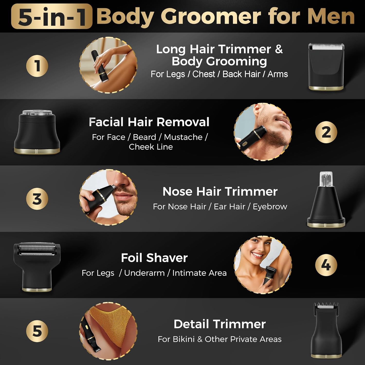 Bikini Trimmer for Women, 5-in-1 Waterproof Electric Razors for Women, Painless Pubic Hair Trimmer, Rechargeable Electric Shaver, Bikini Razor with Travel Case, Body Shaver & Face Nose Trimmer, Black - Image 3