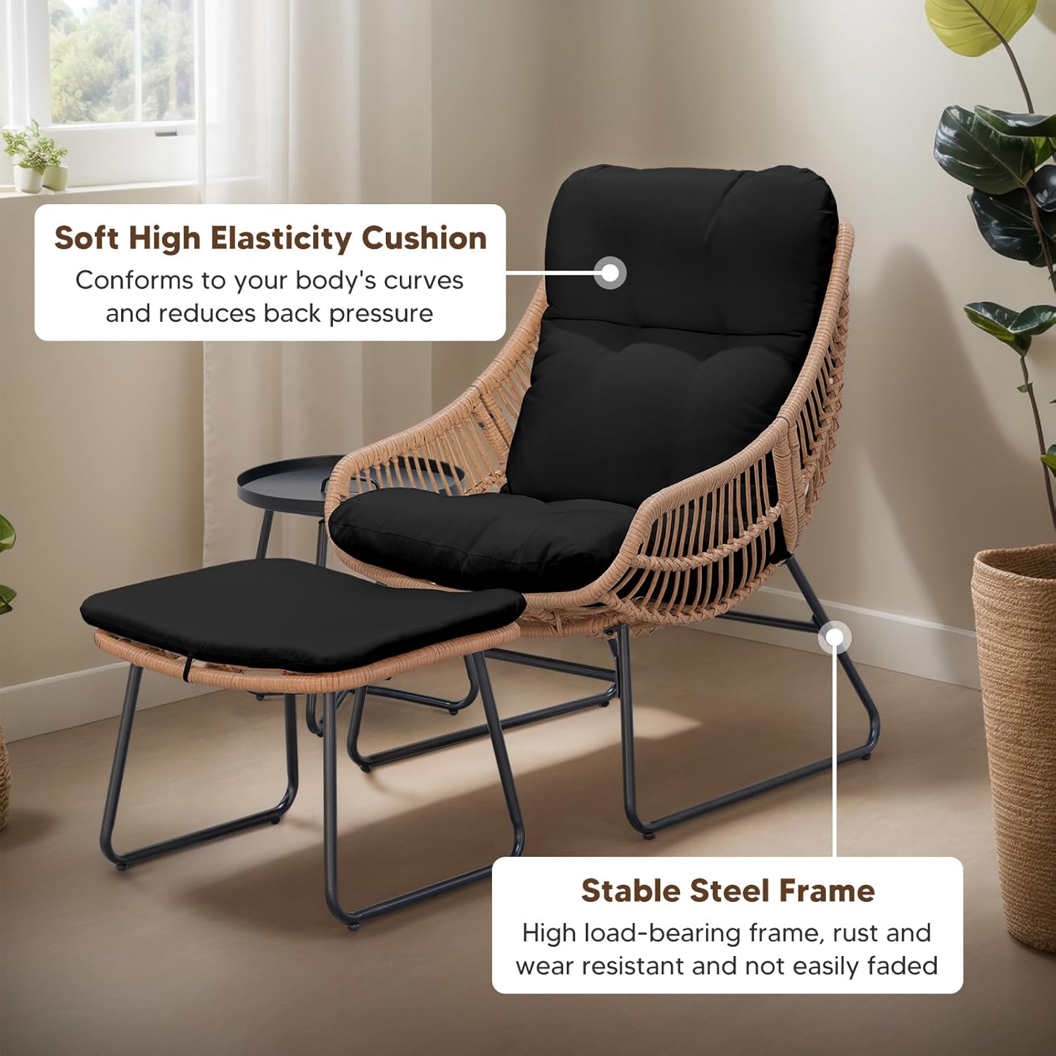 PROHIKER Outdoor Chaise Lounge Chair Set, Indoor Wicker Papasan Egg Chair with Thick Cushion, Ottoman and Table, Oversized Rattan Reading Lounge Recliner for Living Room Patio Yard, Black