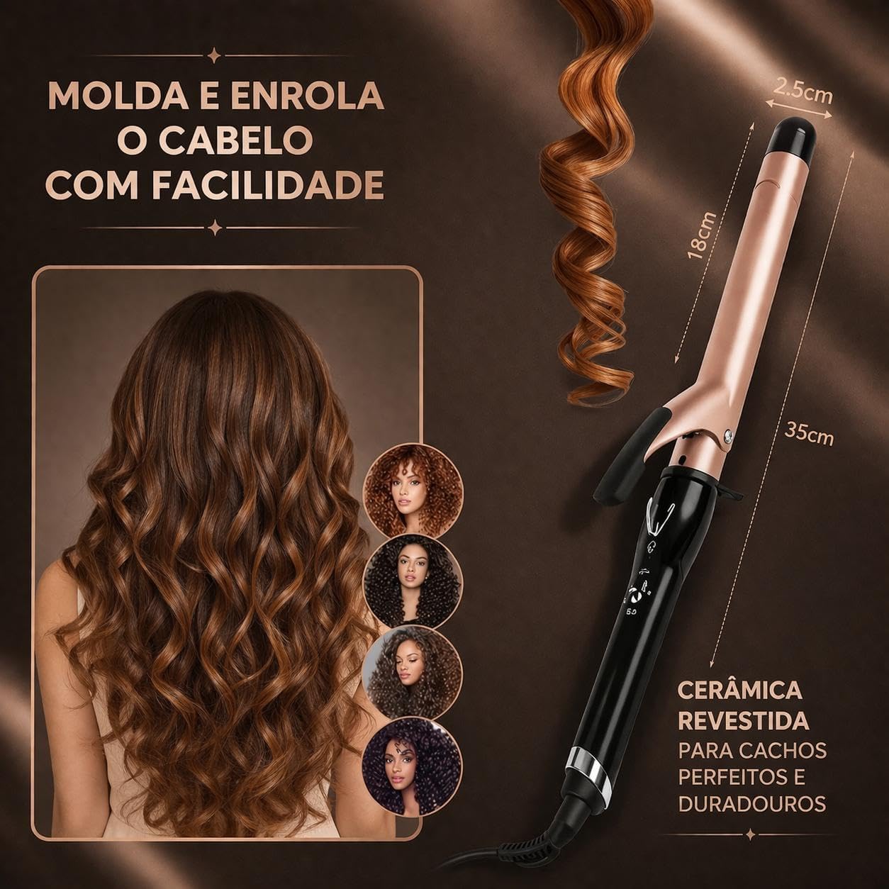 Modelador de cachos posicionado ao lado de uma ilustração de cabelo ondulado e especificações de tamanho