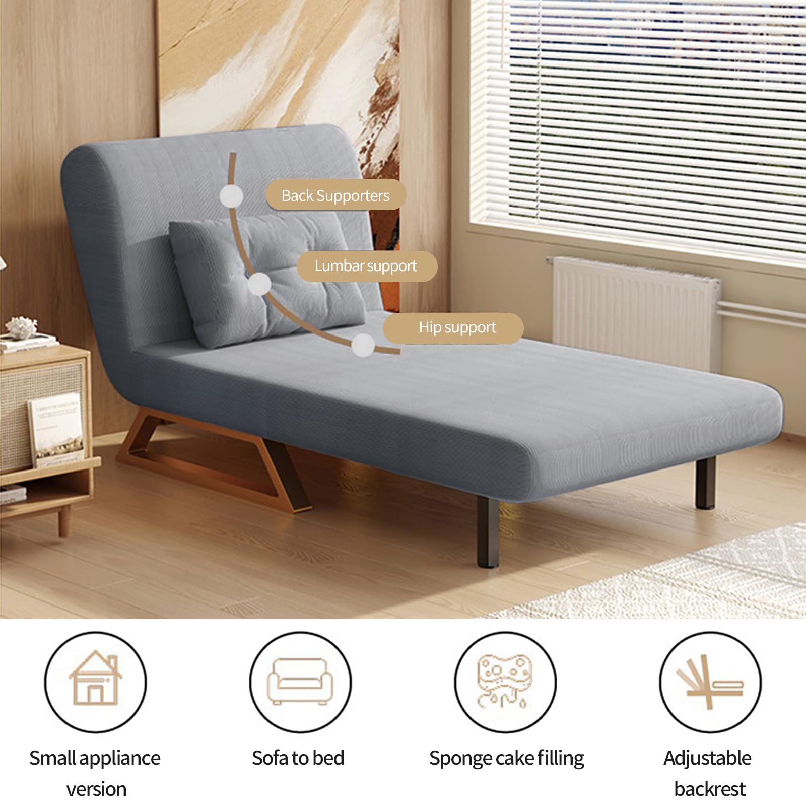 Fotel do spania z funkcją łóżka, sofa do spania z 5-stopniową regulacją oparcia, składana kanapa do salonu, sypialni, małego mieszkania (szary)