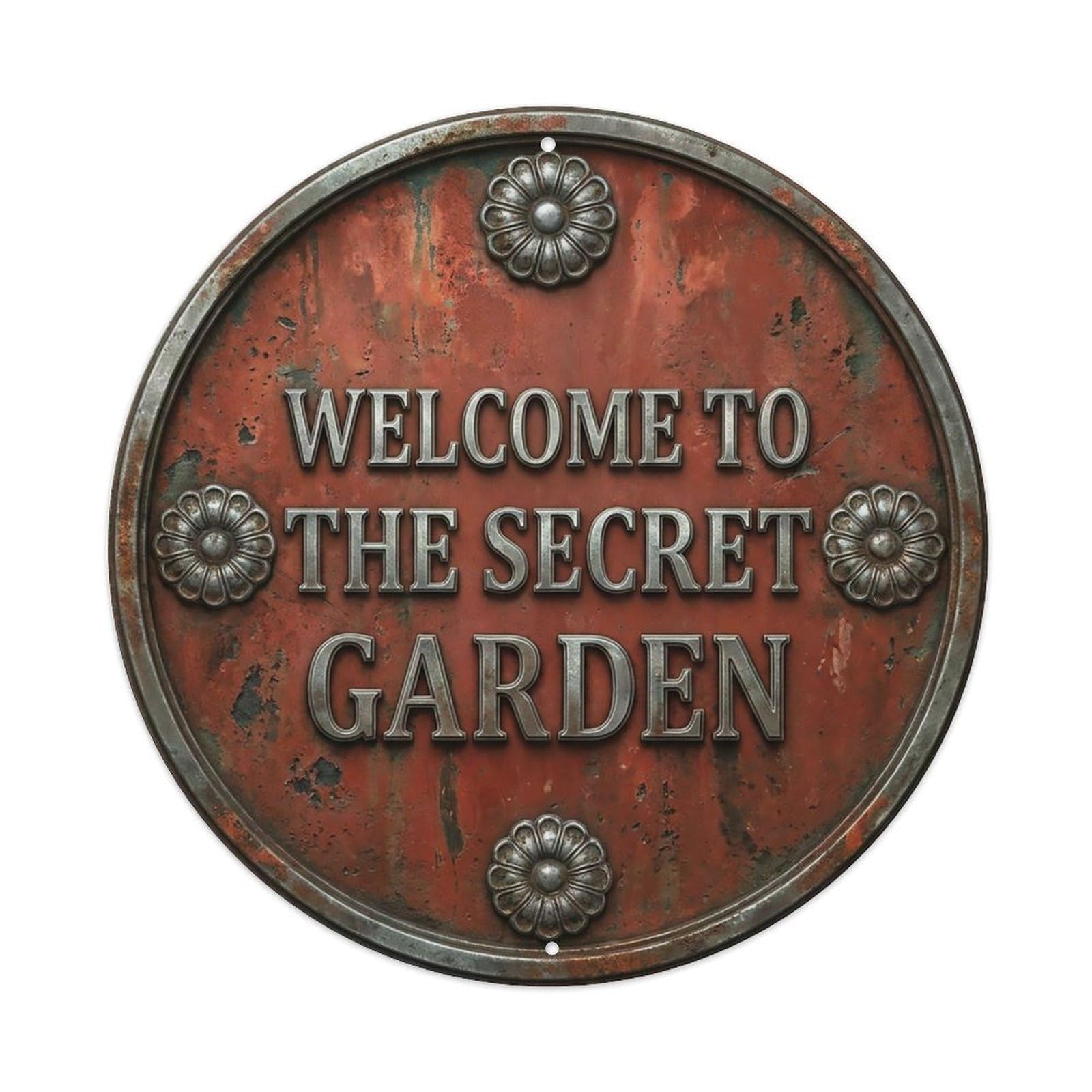 Vintage Welcome Secret Garden Pewter Rust Hammered Metal Tin Sign