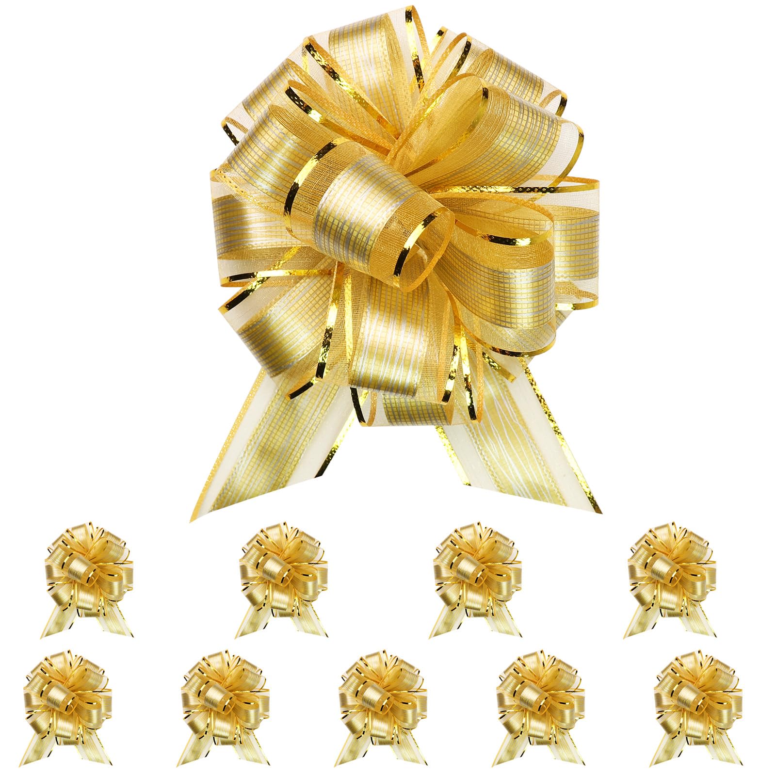 NVGVUP 10 PCS Large Pull Bows: 6.7 inch Gold Bow for Gift Wrapping, Wedding Cars, Christmas, Valentine's, Wedding, Birthday Party, Flower Decorations (Gold)