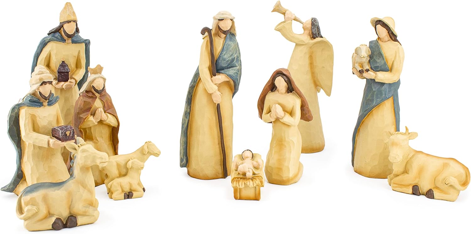 Christmas Nativity Scene Set 11 Piece Indoor Figurines with Holy Family, Angel, Wisemen & Animal Minimalist Wood Look Folk Art Nativity Tabletop Decoration 9.5”H