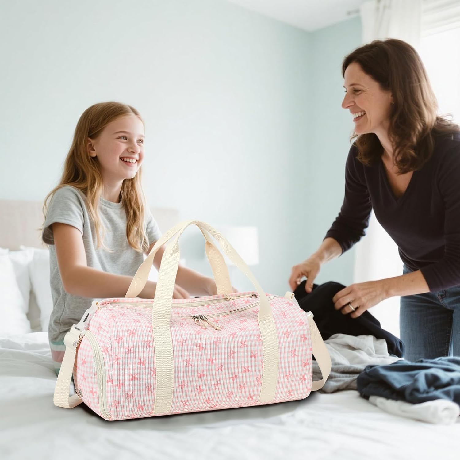 LEDAOU Kids Duffle Bag Girls Overnight Travel Sport Gym Bag Weekender Carry On Shoulder Dance Bag with Shoe Compartment & Wet Pocket (Pink Bow Checkered) - Image 5