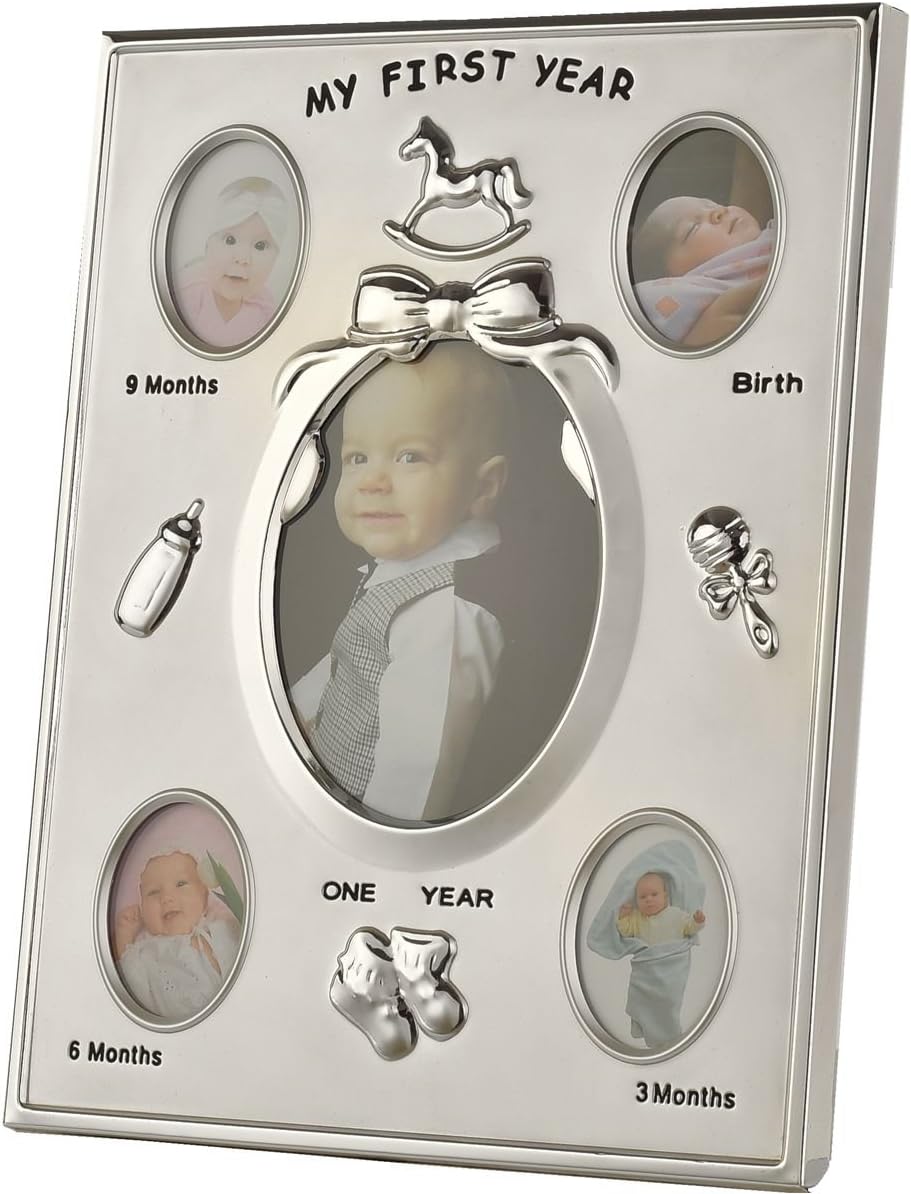 My First Year Baby Keepsake Picture Frame,Silver Plated Monthly Infant Photographs Collage