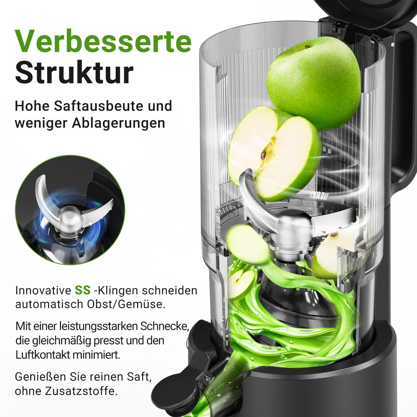 AOBOSI Slow Juicer mit 126 mm XXL-Einfüllöffnung – 1,5 L, 200 W leiser Entsafter mit Rückwärtslauf, Dreifachfilter & Press-Schnecke – Entsafter Gemüse und Obst Testsieger,Schwarz