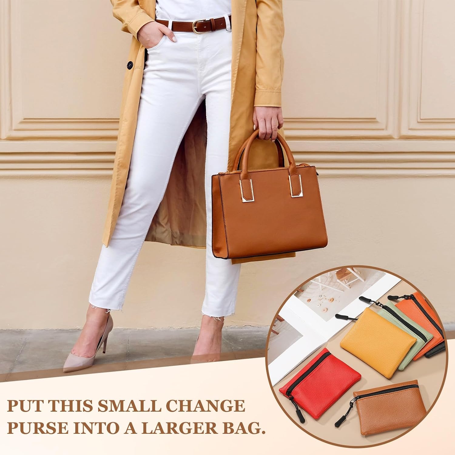 Full Grain Leather Coin Purse, Small Coin Purse with Zipper Portable Card Holder, 4.7in & Red & PU Leather -Fitting for (Change Purse Credit Card Key Keychain Pouch Wallet)