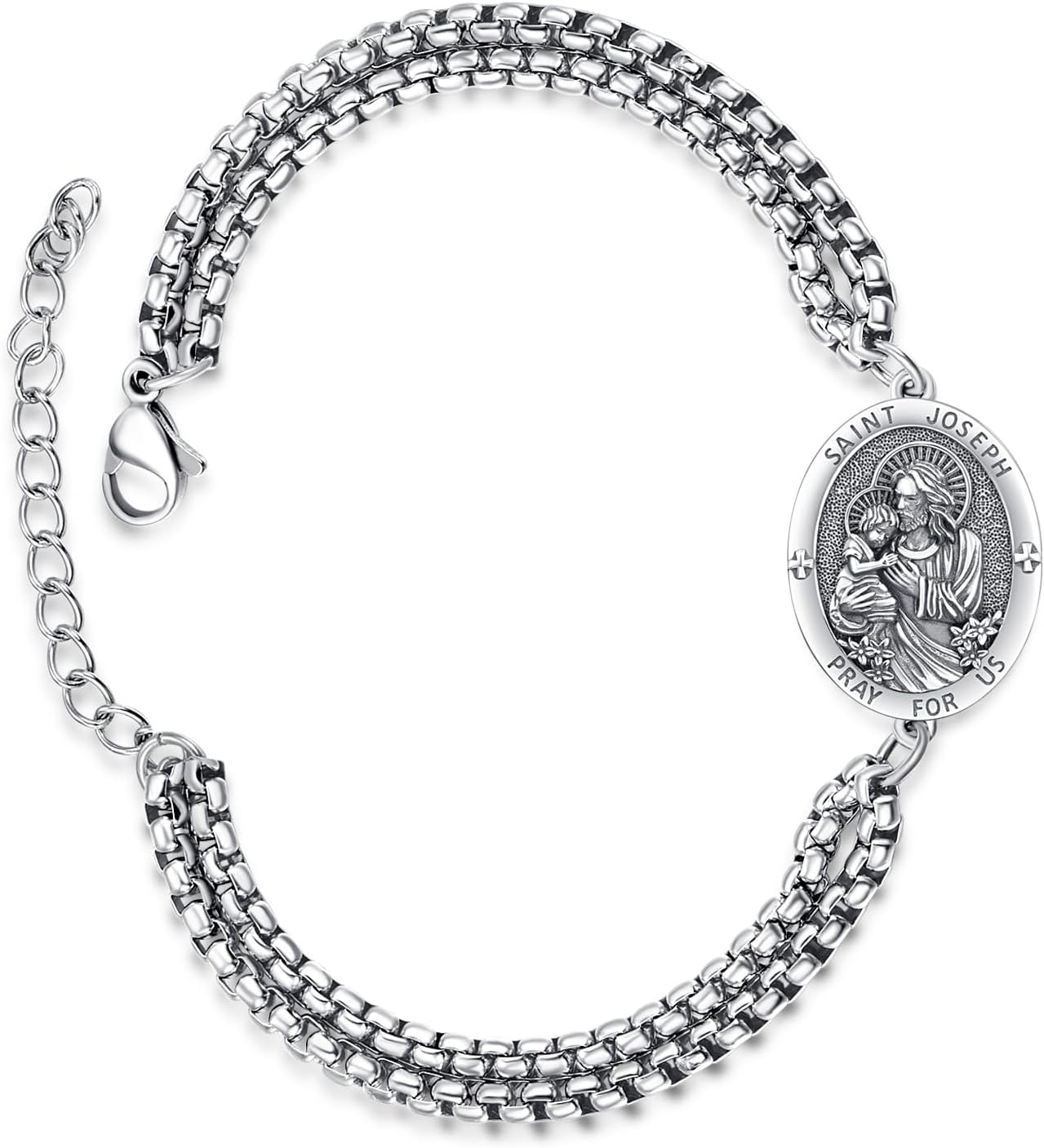 925 Sterling Silver Patron Saint Bracelets | Amulet Protection Jewelry for Men with Double 7"+2" Rolo Chain
