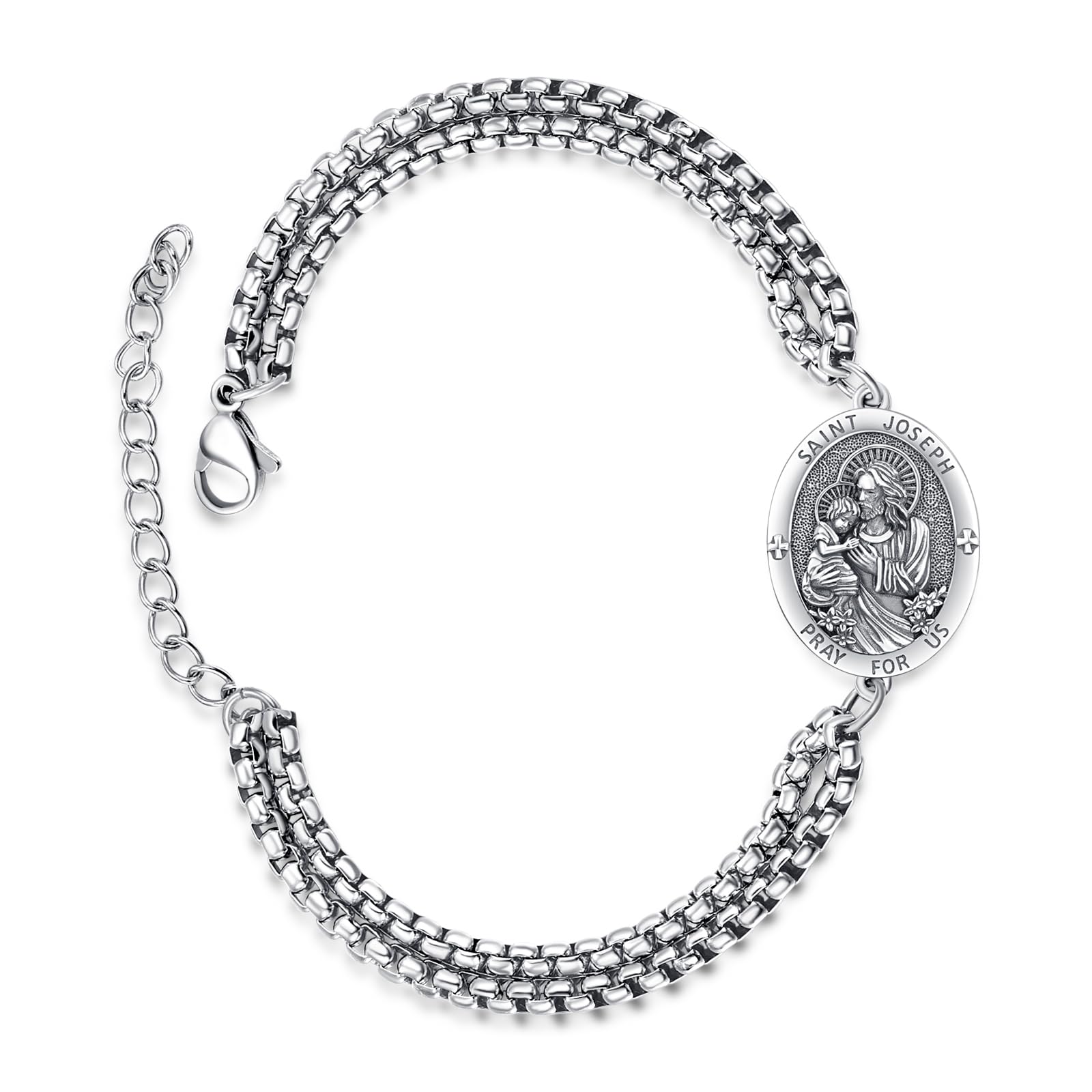 ADMETUS925 Sterling Silver Patron Saint Bracelets | Amulet Protection Jewelry for Men with Double 7"+2" Rolo Chain