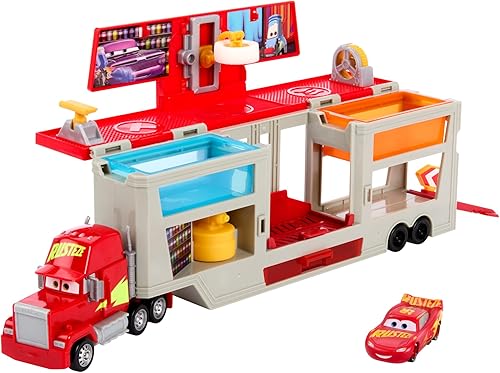 Mattel Disney Pixar Cars - Juego de camiones y autos de juguete transformables, cambiadores de color, tienda de pintura con cabina desmontable,