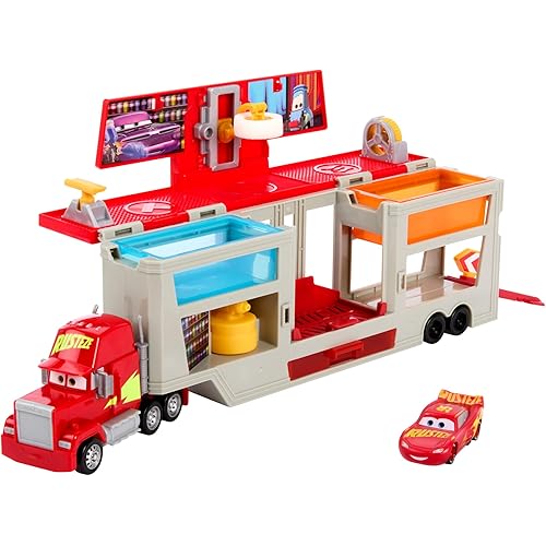 Mattel Disney and Pixar Cars Transforming Truck & Toy Car Playset, Color Changers Paint Shop Mack with Detachable Cab, Color Change Lightning McQueen & Accessories