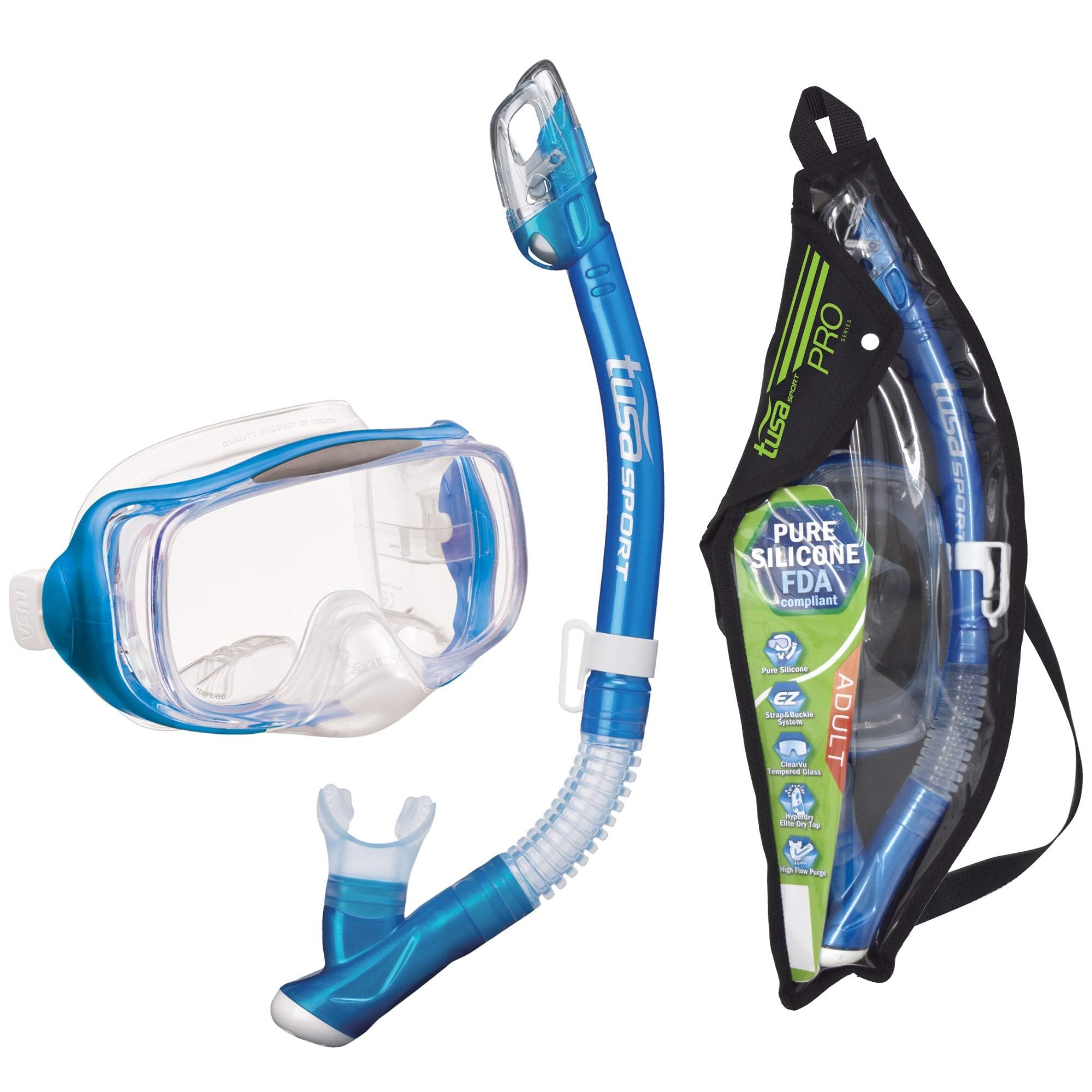 TUSA Sport Adult Imprex 3D Purge Mask and Dry Snorkel Combo, Fishtail Blue (w/Reusable Bag), UC-3325P-FB