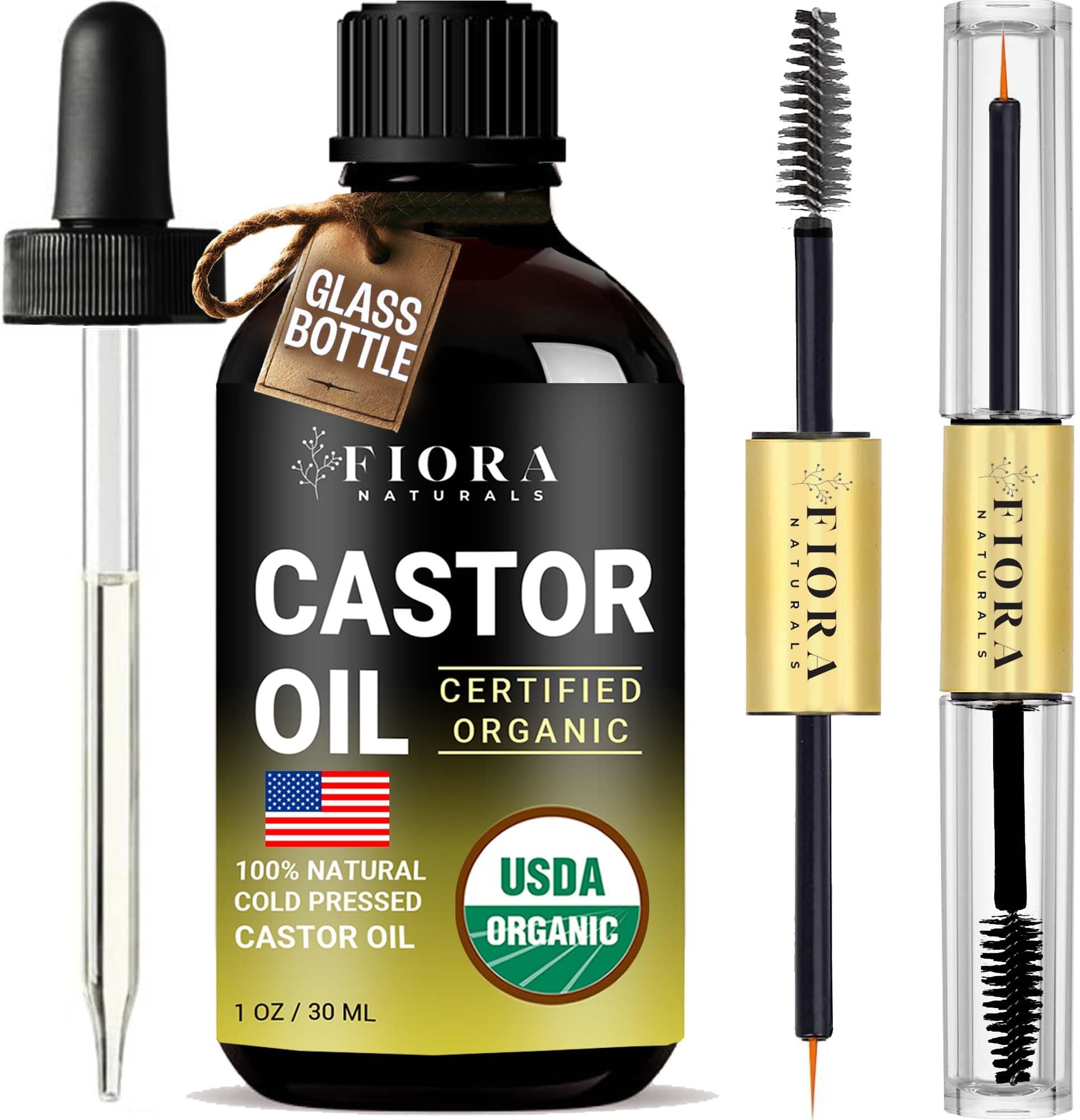 Organic Cold Pressed Castor Oil USDA Certified Eyelash and Hair Growth Serum, Hexane-Free, Conditions and Stimulates Growth for Lashes, Brows and Hair