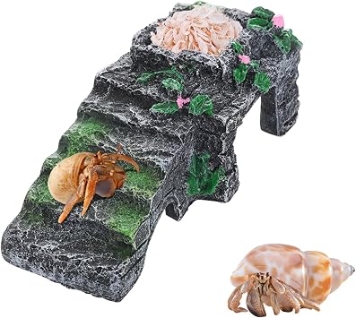 Hermit Crab Accessories, 3-in-1 Resin Climbing Platform with Food Dish and Hideout, Hermit Crab Climbing Toys, Habitat Tank Decor for Hermit Crab, Gecko, and Other Small Reptiles