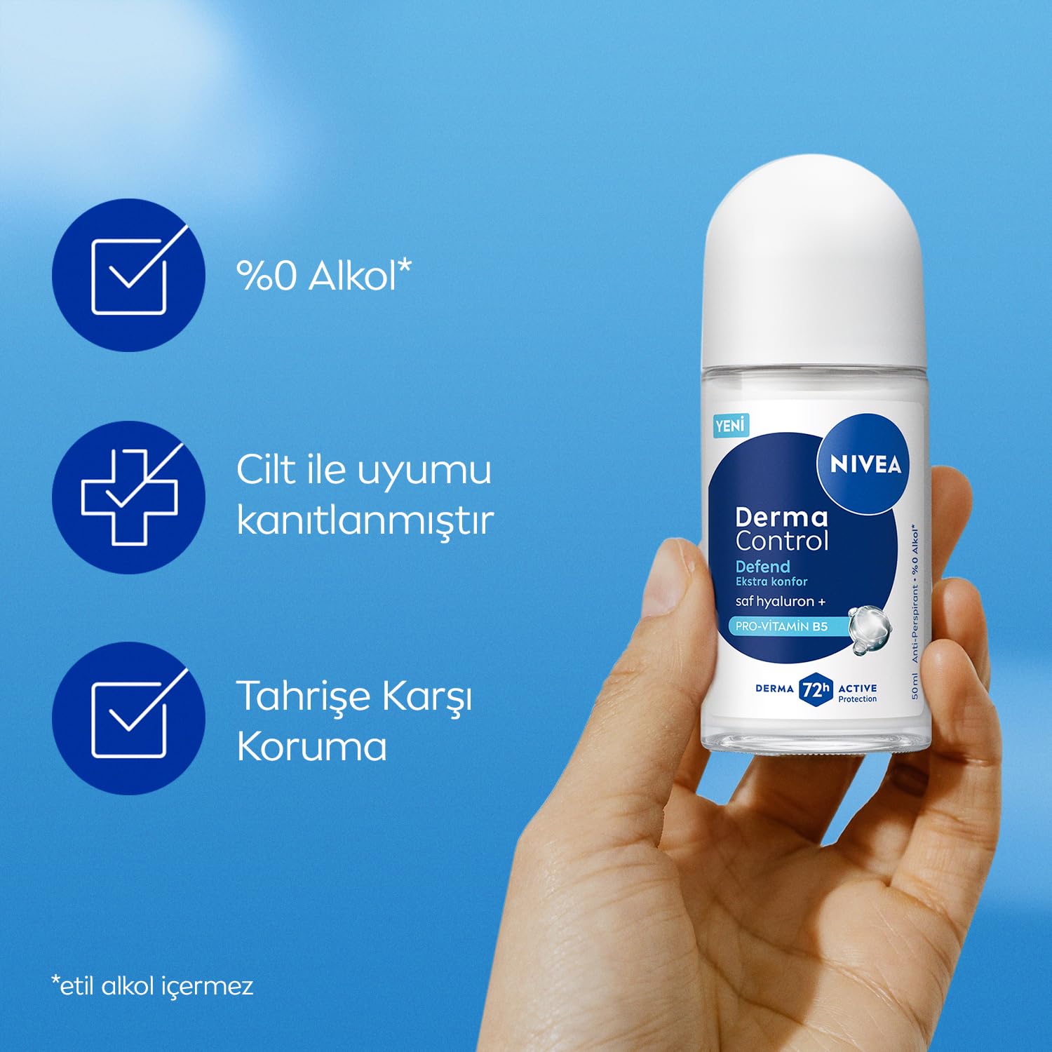 NIVEA Kadın Roll on Deodorant Derma Control Defend 50 ml,Tahrişe Karşı Koruma, 72 Saat Anti Perspirant Koruma,Alkolsüz Formül,Hyaluronik Asit, Provitamin B5