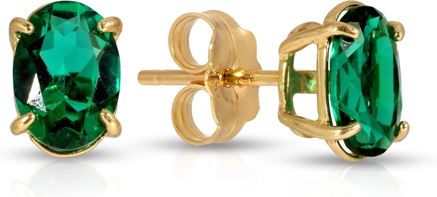 14K Solid Gold Stud Earrings with Lab. Grown Emerald (Grade AAA)