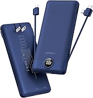 VEGER 10000mAh Power Bank with Built-in AC Plug & Cables, Ultra-Slim 15W Fast Charging Portable Charger for iPhone, Samsung, Android - Navy