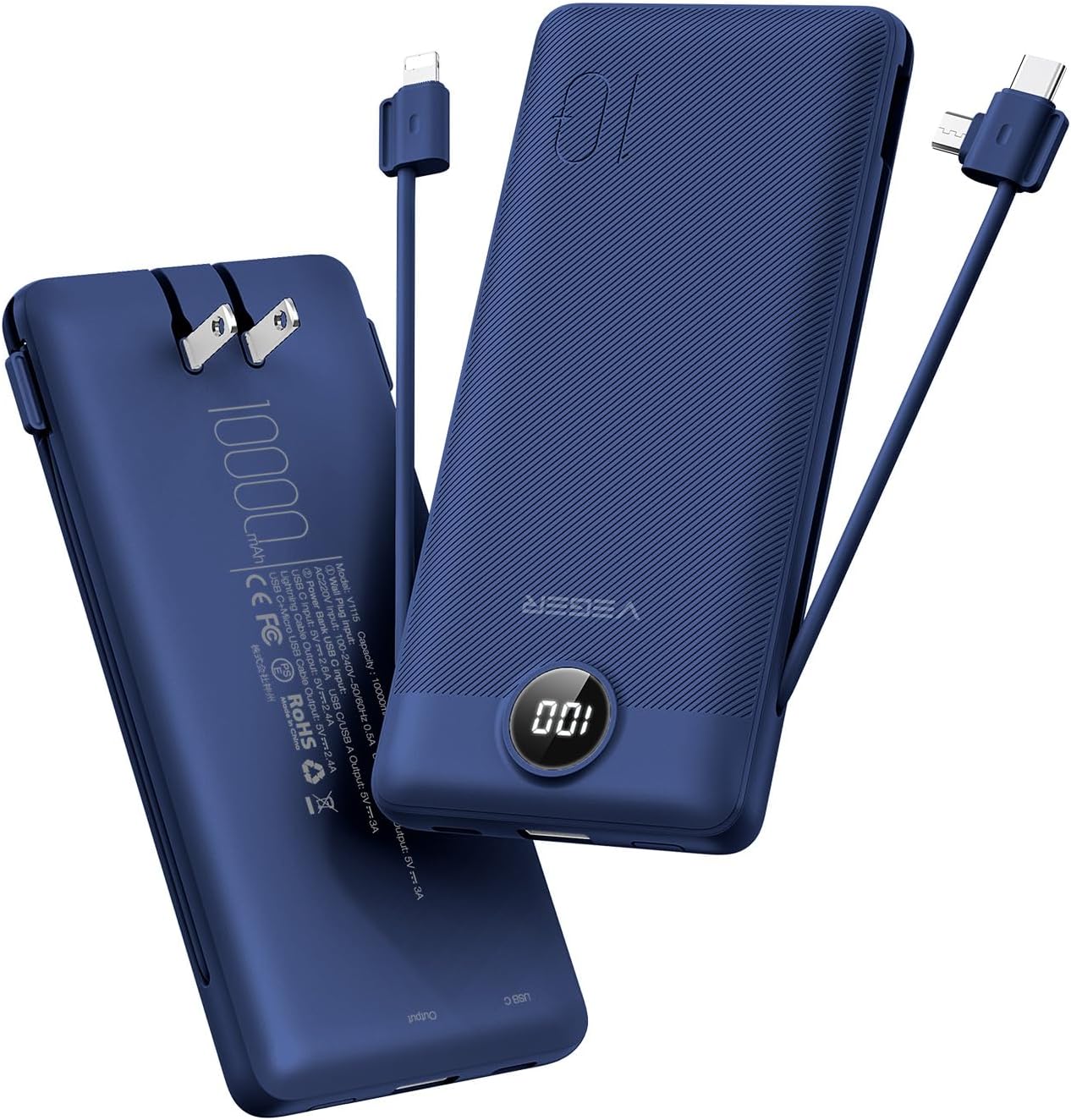 VEGER Portable Charger with Built-in AC Plug and Cables, All in One 10000mAh ...