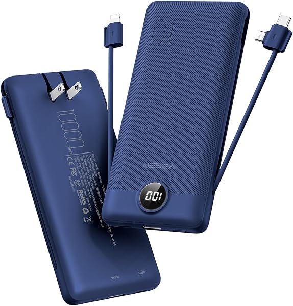 VEGER Portable Charger with Built-in AC Plug and Cables, All in One 10000mAh Ultra Slim Power Bank Travel Essentials, Fast Charging Battery Pack Compatible with iPhone, Samsung, Android (Navy) - 1