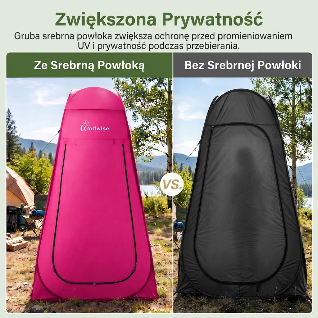 WolfWise Pop-Up namiot prysznicowy kempingowy i przebieralnia z podłogą – pokryty srebrem, ochrona przed promieniowaniem UV 50+, wodoodporny, namiot toaletowy z oknami i torbą do przenoszenia, do