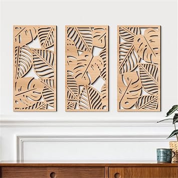 Wooden Geometric Wall Art, Modern Wood Wall Sculpture Panels with 3D Hollow Craft Art, Farmhouse Abstract Hanging Decor for Living Room, Bedroom, Home, Office, Set of 3, 7.9" W, 15.7" H A