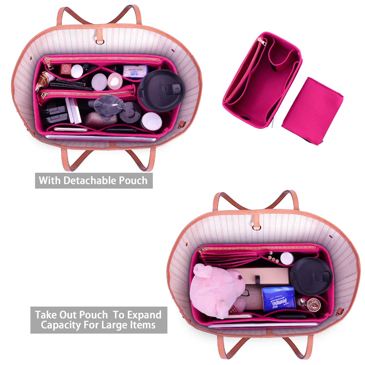 ZTUJO Organizador de bolso, organizador de bolsa de fieltro para LV Speedy, Neverfull, Graceful, Neverfull, Tote, Bolso, Shaper, Rojo (Rosado), Medium