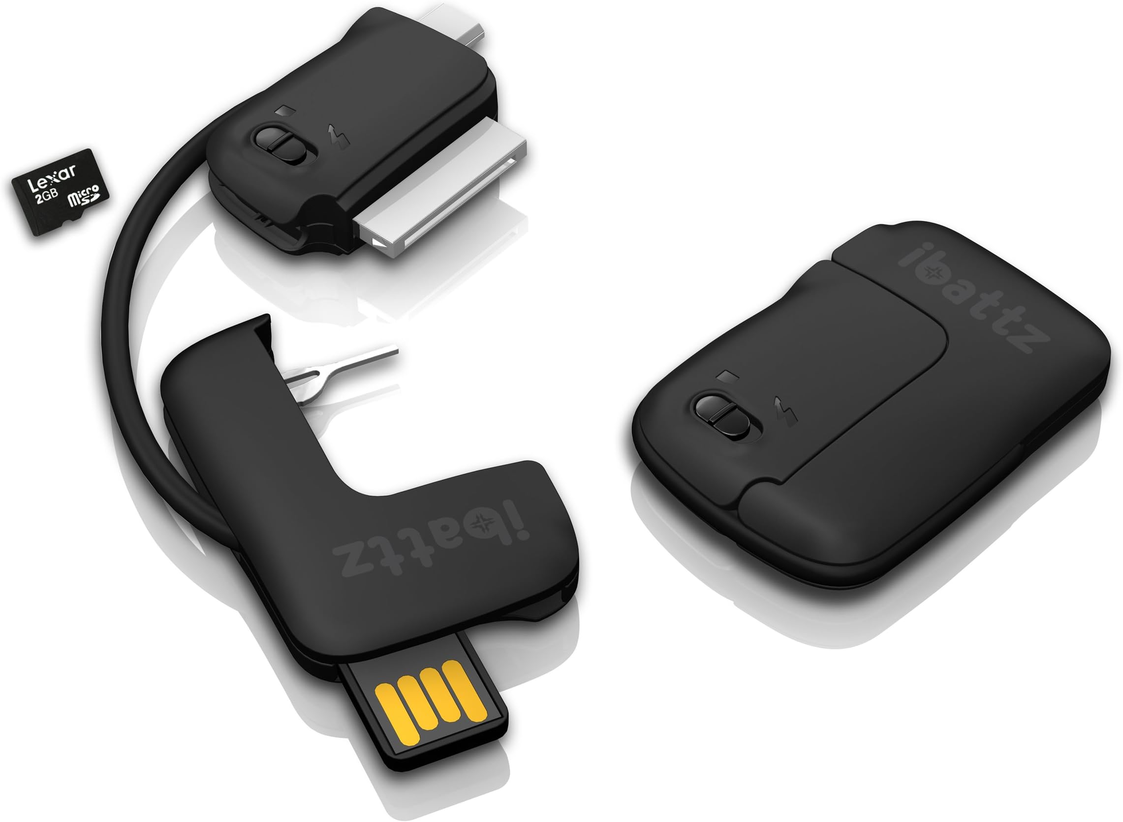 iBattz Mojo Treble Keychain Data Sync Cable with Sim Ejection Tool MicroSD card Reader (Black)- for Apple iPhone 3gs 4 4s iPad 2 iPod Touch Android Phones blackberry Nokia Lumia