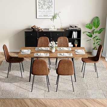 59"-75" Extendable Dining Table Set for 6,Wood Dining Room Table Set for 6,Mid Century Rectangular Kitchen Table with 6 Upholstered Chairs for Home Easy Assembly,Space-Saving