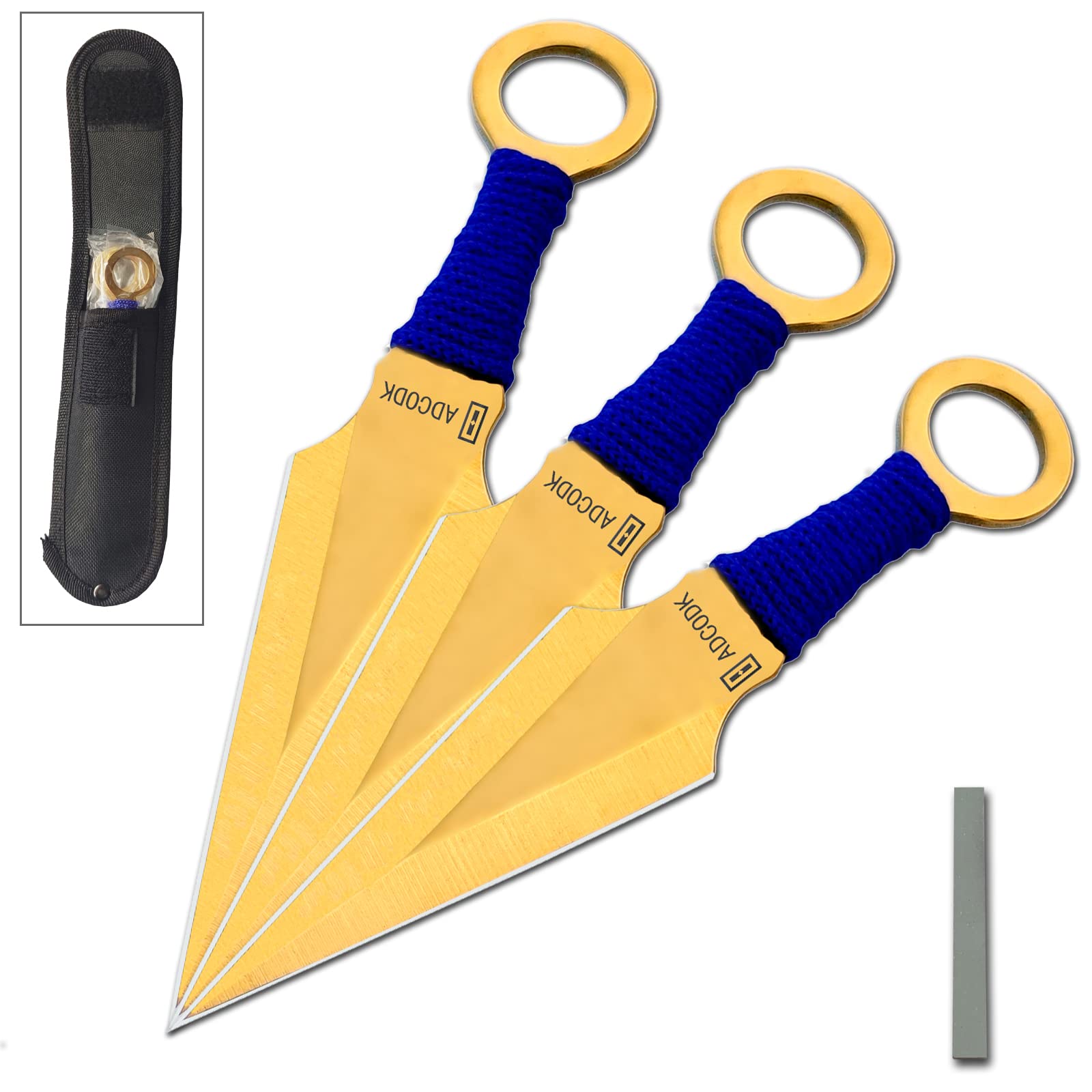 Throwing Knives Set Double-edged Blades 3 Gold Tan Kunai Knife Hunting Knives with Cord-wrapped Handles With Nylon Sheath and Sharpening Stone