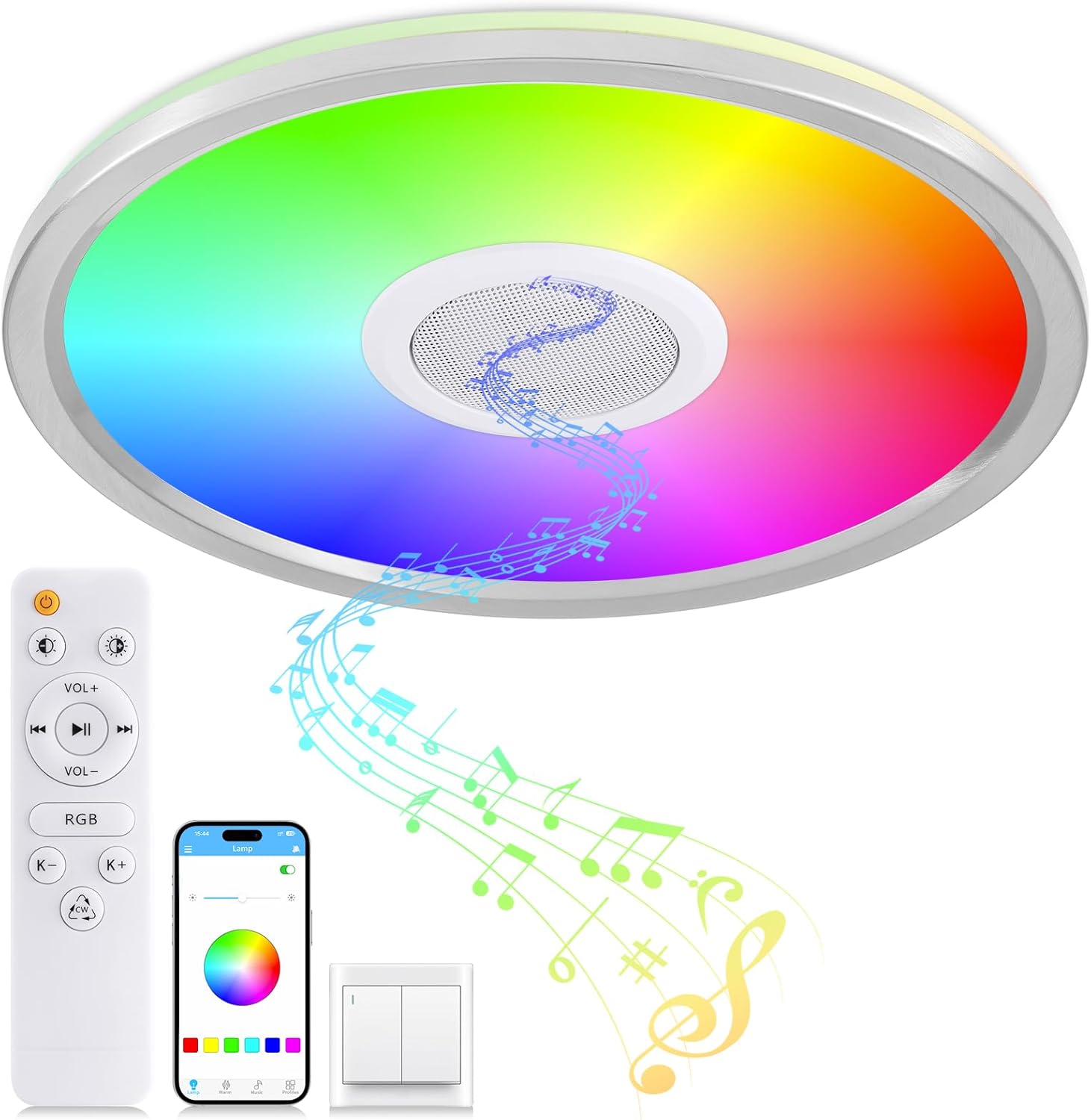 RGB LED Ceiling Light, with Bluetooth Speaker, 24W 12 Inch Smart Music Ceiling Lamp with App and Remote Control, 3000K-6500K Color Changing Lights Fixture for Child Bedroom Bathroom, Silver