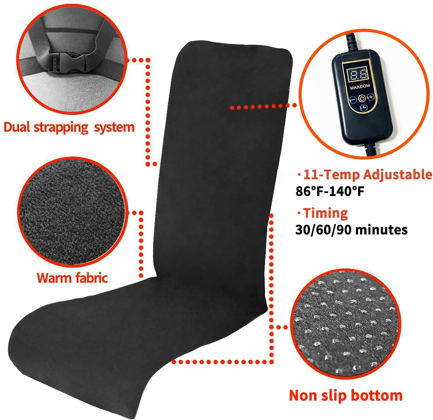 MAXCOM Foldable & Washable Fabric Heated Seat Cushion with Temperature Control & Timer - Whole Back Heating - for Office/Home Use